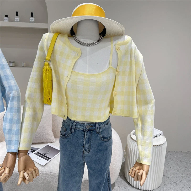 deanwangkt Vintage Sweet Plaid Kintted 2 Piece Sets Women Spring Autumn Single Breasted Long Sleeve Sweater Coat+Elastic Slim Sexy Crop Top - Deanwangkt