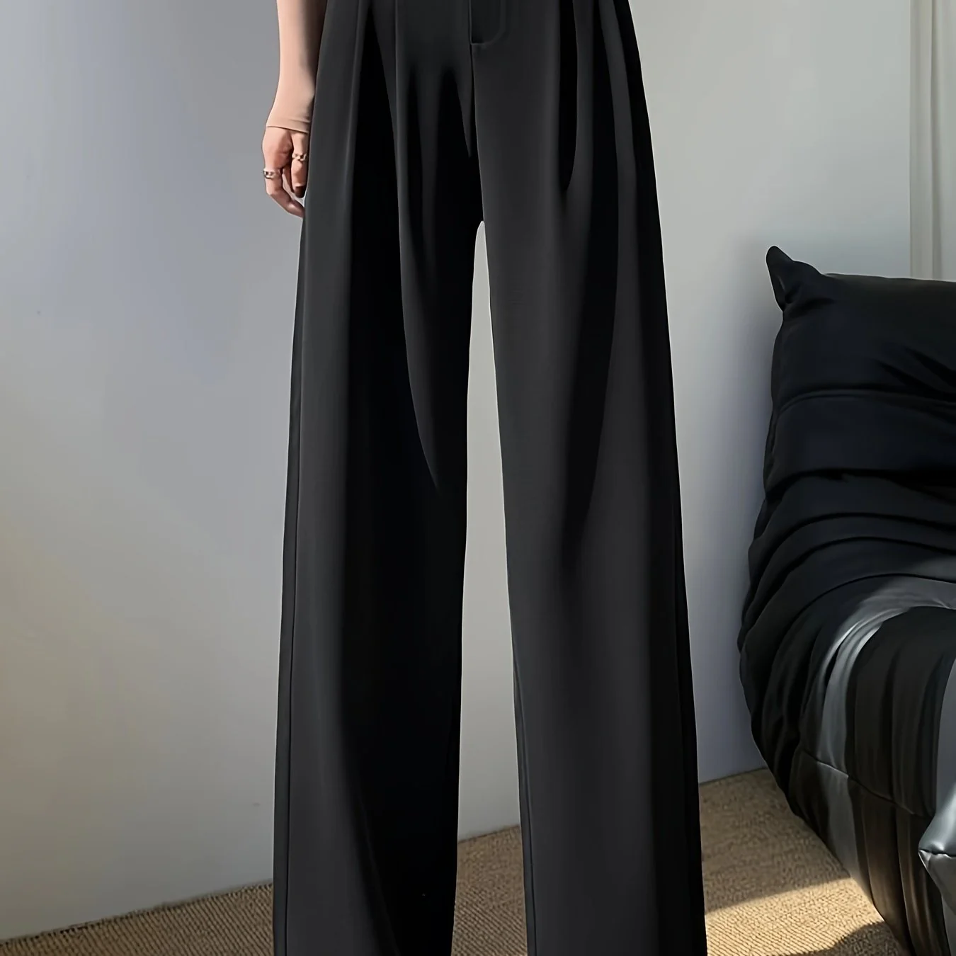 deanwangkt Solid High Waist Pants, Casual Wide Leg Button Pants, Women's Clothing - Deanwangkt