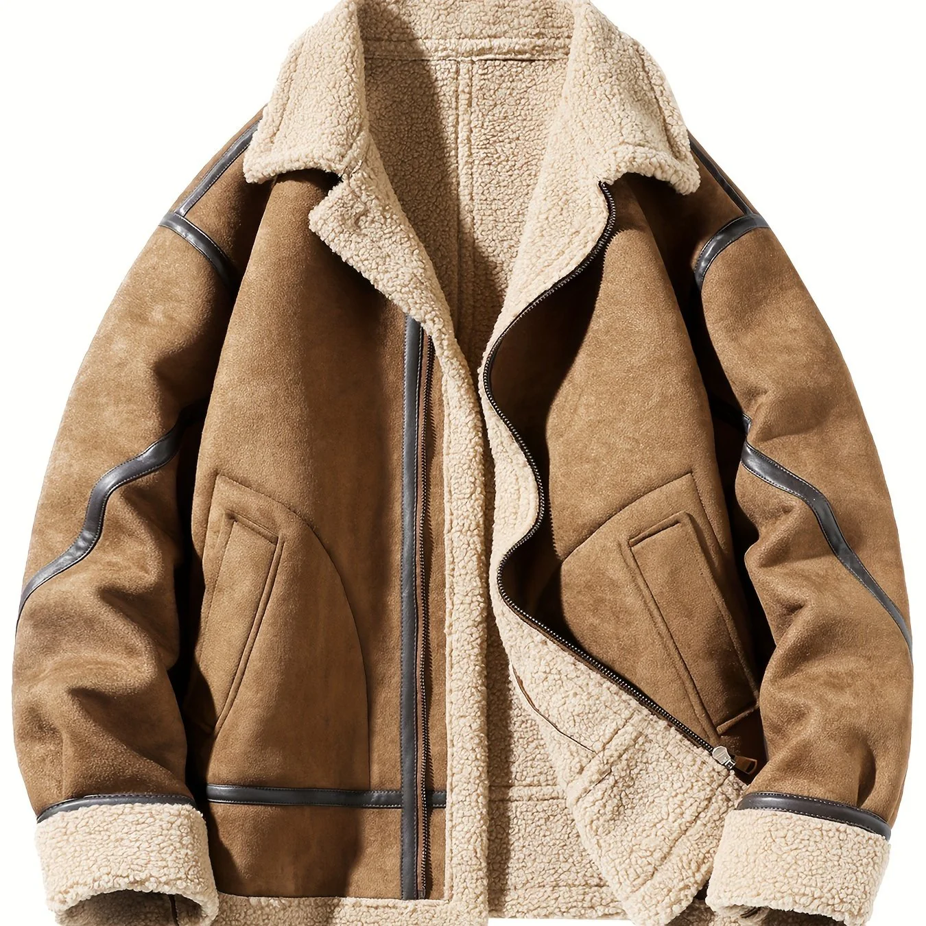 deanwangkt  Men's Trendy Suede Fuzzy Fleece Lined Coat Warm Jacket Long Coat Outwear For Men Winter Autumn Hiphop Style Streetwear - Deanwangkt