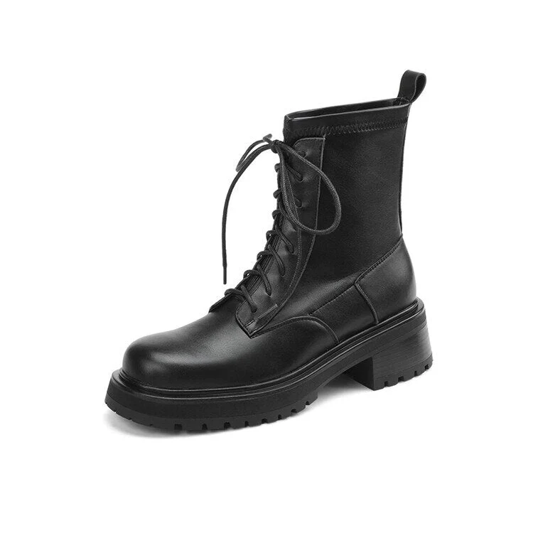deanwangkt Autumn Boots     NEW Fall Shoes Women Stretch Fabric Split Leather Boots Round Toe Chunky Heel Boots for Women Platform Boots Women Modern Boots - Deanwangkt