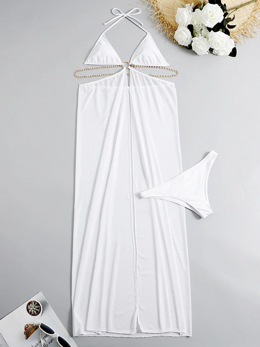 Joskka  Women With Top Dress Triangle Swimwear Female Solid Swimsuit Beach Wear Bathing Swimming Suit Summer - Deanwangkt