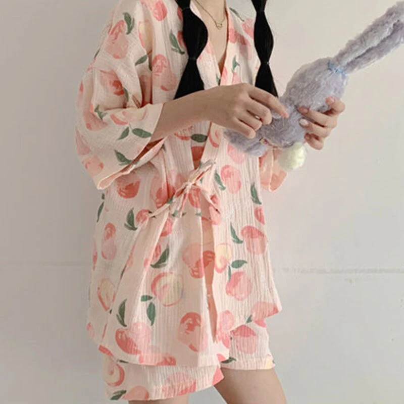 deanwangkt Pink Pajama Sets Women Sweet Casual Simple Design Stylish Japanese Style Lace-up Print Summer Home Lounge Wear Cozy Breathable - Deanwangkt