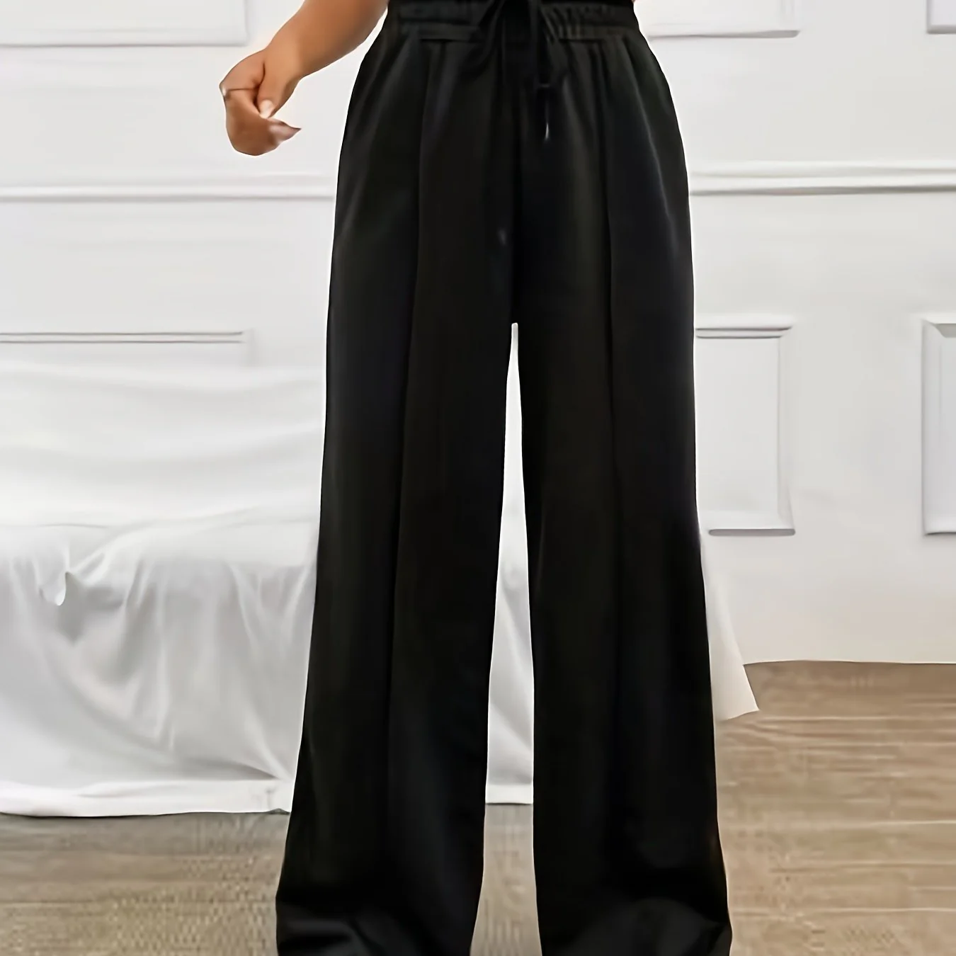 Solid Wide Leg Pants, Casual Tie Waist Long Pants For Spring & Summer, Women's Clothing - Deanwangkt