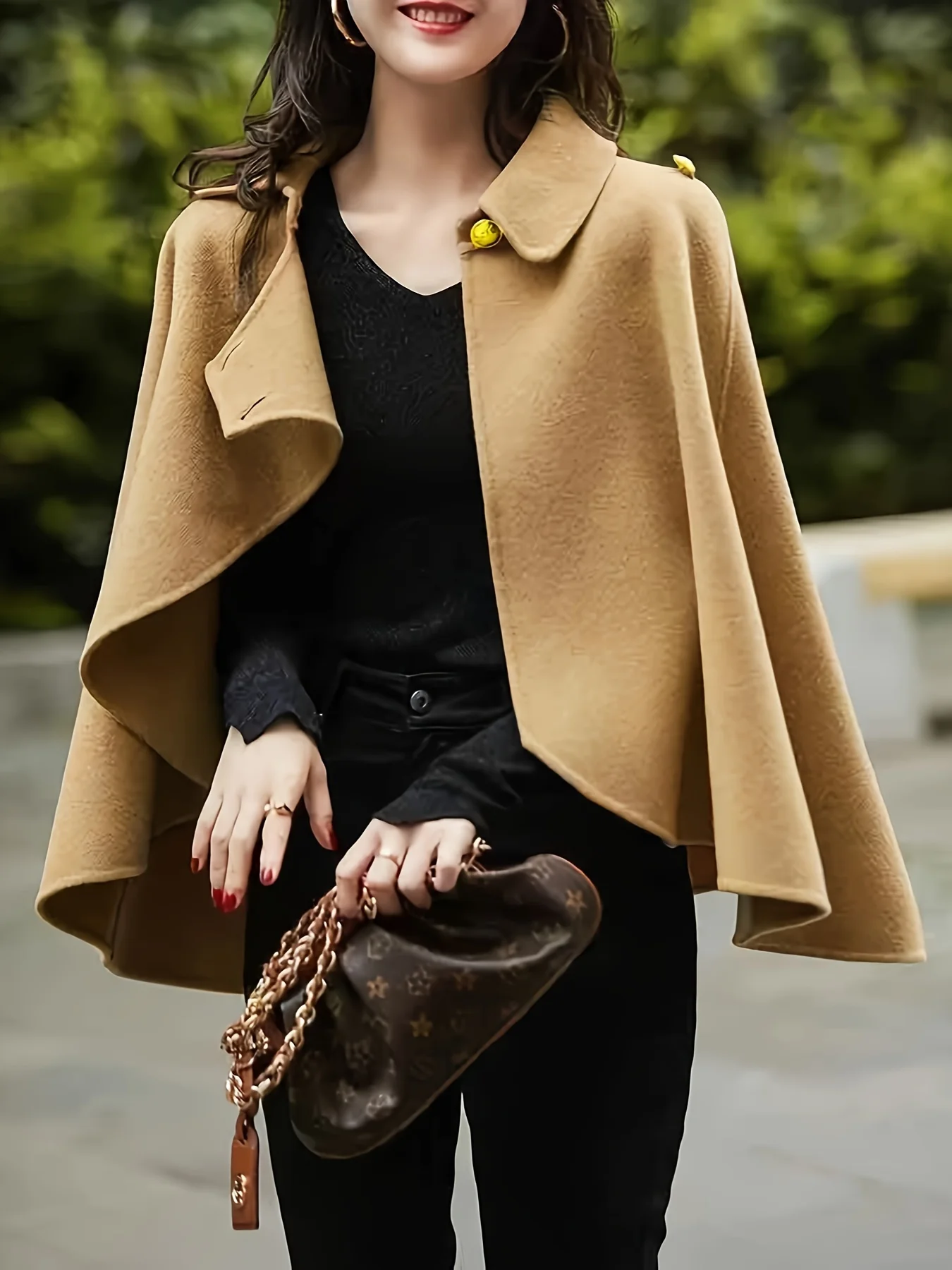 deanwangkt-1  Solid Collared Cape Tops, Casual Asymmetrical Outerwear, Women's Clothing - Deanwangkt