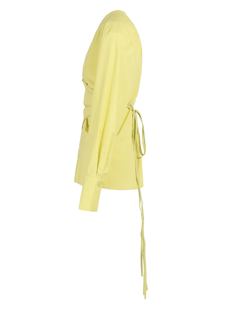 deanwangkt Fashion Women's Shirt V-neck Cross Bandage Waist Irregular Yellow Long Sleeve Blouse Causal Tide  Summer New CP0418 - Deanwangkt