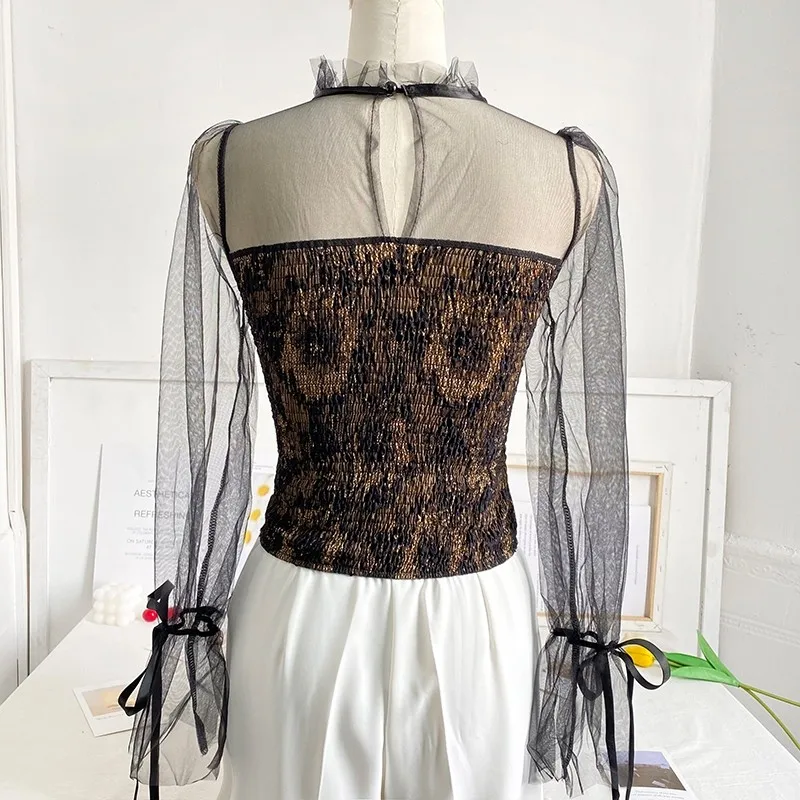 deanwangkt Spring Summer Chic Mesh Patchwork Blouse For Women Streetwear Long Sleeve O Neck Lace Crop Shirt Top Lady Slim Blouse - Deanwangkt