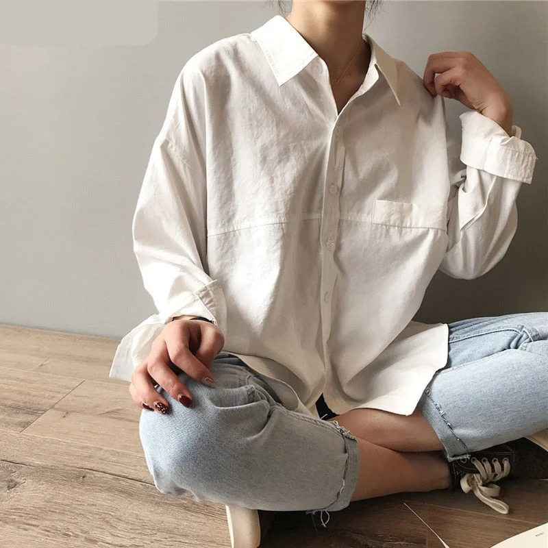 deanwangkt Minimalist Loose White Shirts for Women Turn-down Collar Solid Female Shirts Tops Spring Summer Blouses - Deanwangkt