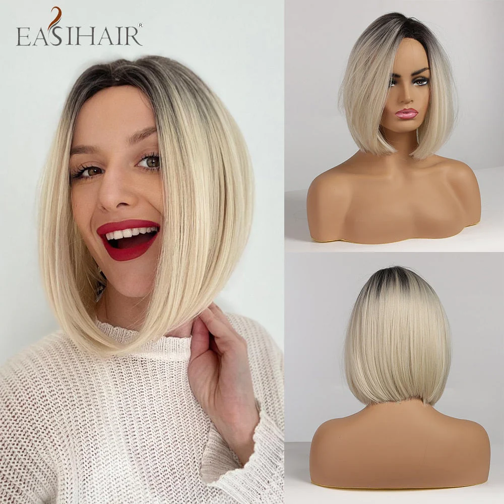 deanwangkt  Short Hair Wig With Bangs Pixie Cut Ombre Black Ash Light Blonde Synthetic Wigs For Women Cosplay Wigs Heat Resistant - Deanwangkt