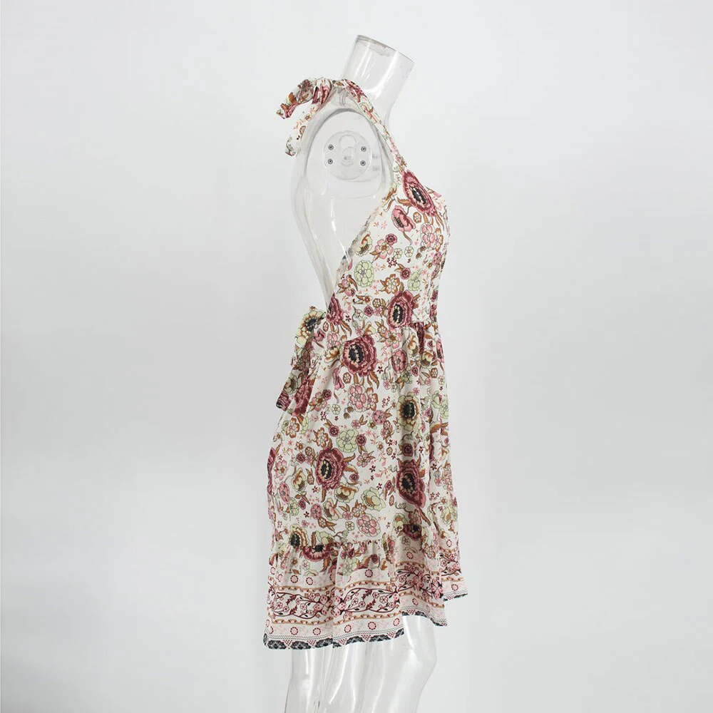 deanwangkt Casual Floral Print Short Mini Dress Women  Summer Holiday Sexy Backless Beach Dress Femme V-neck Dress Vestidos - Deanwangkt