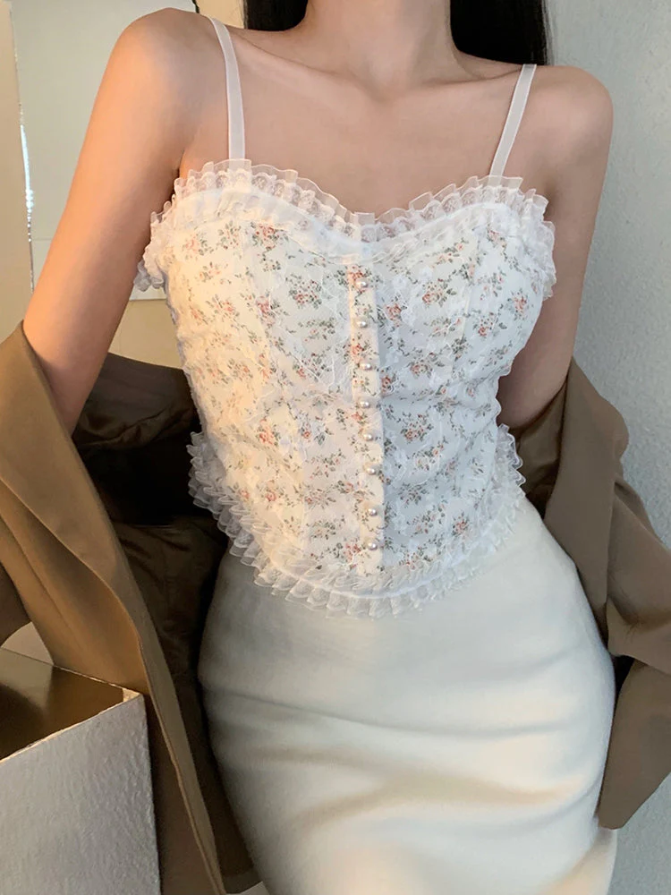 deanwangkt Women Vintage Camisole Summer Floral Chic Korean Girls Single-breasted Pearl Button Lace Crop Top Camisoles For Women Streetwear - Deanwangkt