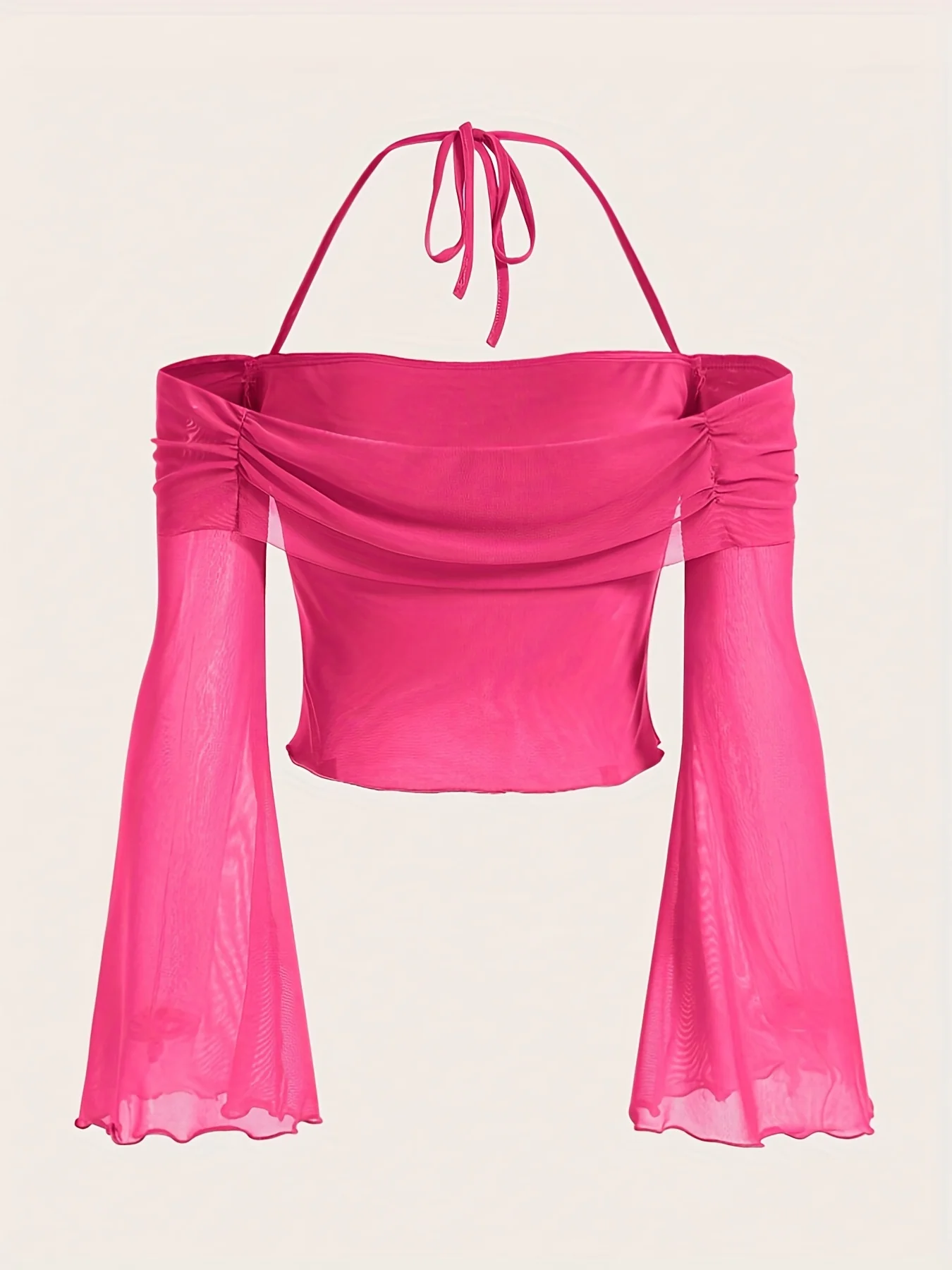 Solid Flared Sleeve Blouse, Casual Halter Neck Ruched Blouse, Women's Clothing - Deanwangkt