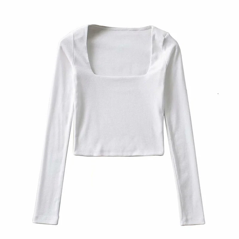 deanwangkt Women Cotton Ribbed Square Neck Crop Top With Long Sleeve - Deanwangkt