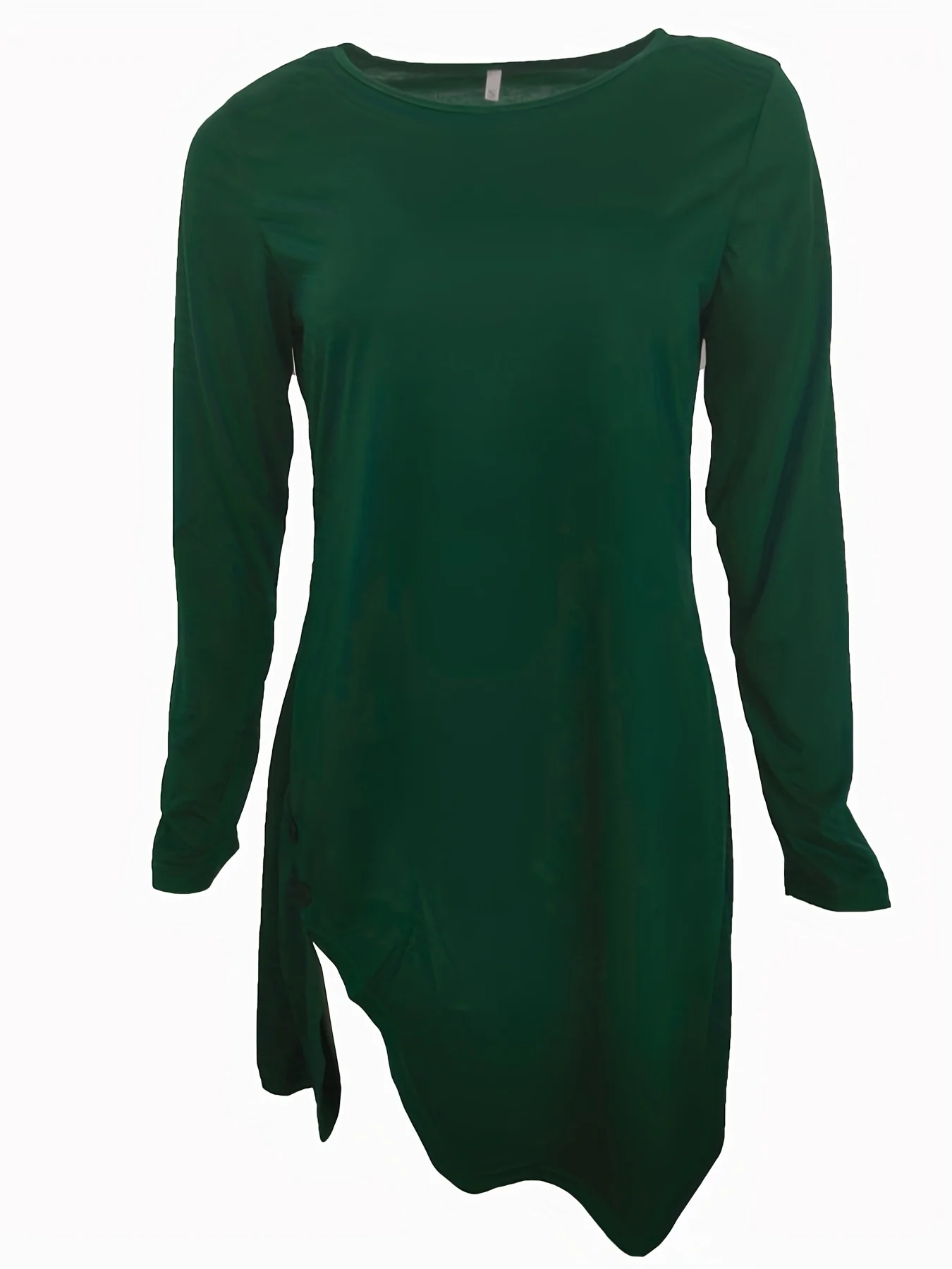 Asymmetrical Hem Solid Dress, Casual Crew Neck Long Sleeve Dress With Buttons, Women's Clothing - Deanwangkt