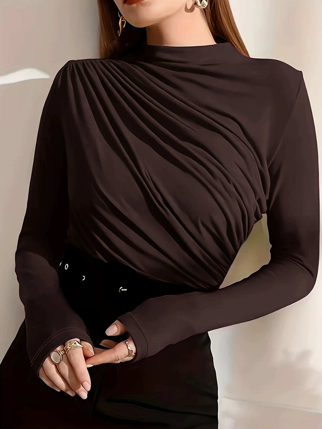 Long Sleeve Ruched T-Shirt, Elegant Solid Top For Fall & Spring, Women's Clothing - Deanwangkt