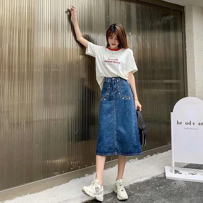 deanwangkt  New Denim Skirt Women's Spring And Autumn Design Sense Mid-length High Waist Large Size Slim Embroidered Long Skirt - Deanwangkt