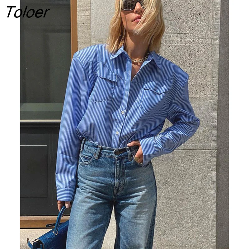 deanwangkt Streetwear Striped Shirts Fashion Lady Long Sleeve Spring Blouse Women Long Sleeve Lapel Shoulder Pads Blue All-Match Tops - Deanwangkt
