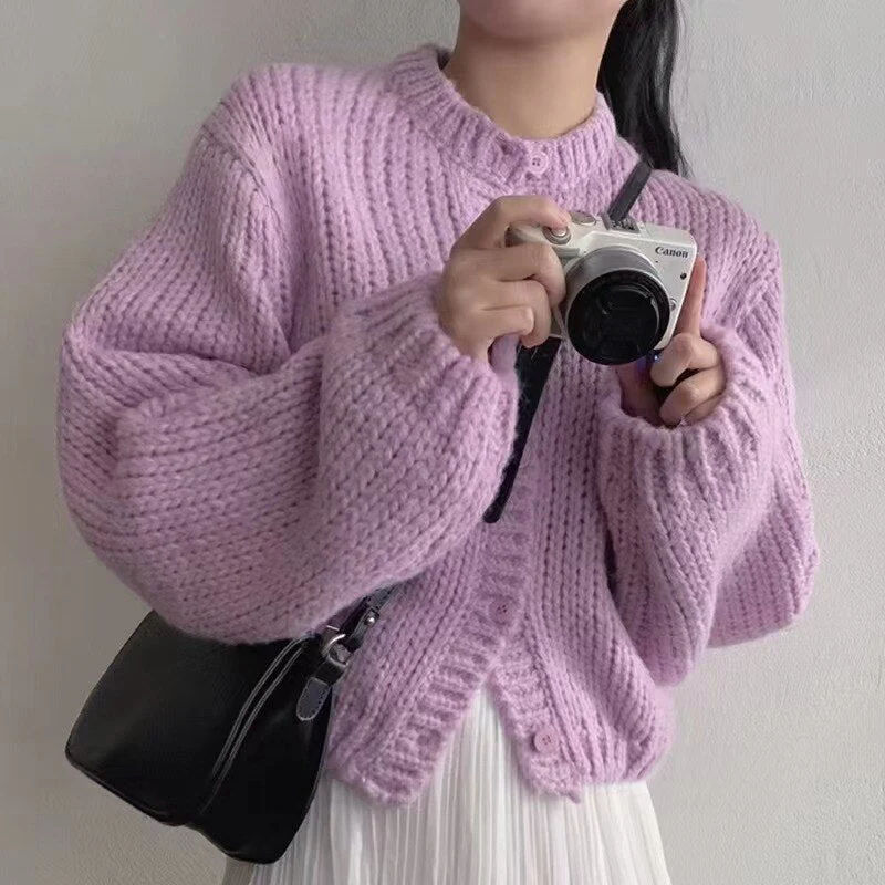 deanwangkt Korean Chic Long Sleeve Knitted Sweater Cardigan Autumn/Winter Single Breasted Tops Retro Solid O-neck Loose Sweater Coat - Deanwangkt