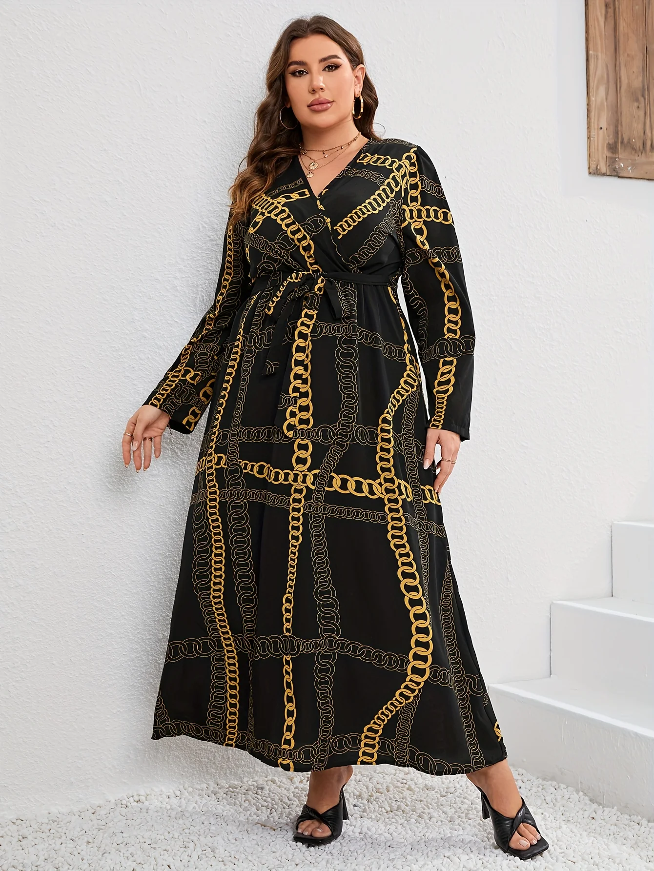 Plus Size Elegant Dress, Women's Plus Chian Print Long Sleeve Surplice Neck Slight Stretch Maxi Dress With Belt - Deanwangkt