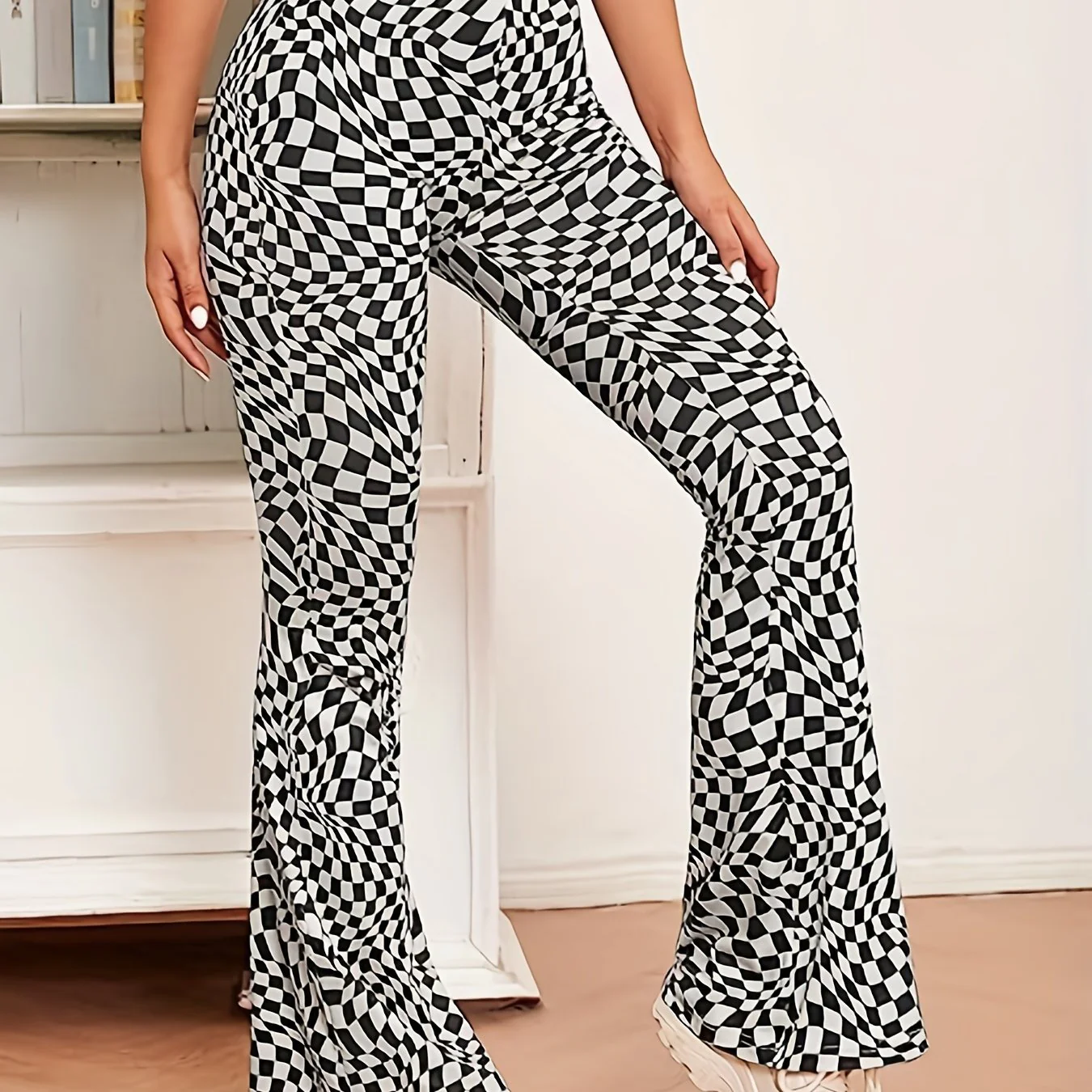 deanwangkt-1  Allover Print Flare Leg Pants, Casual High Waist Slim Pants For Spring & Fall, Women's Clothing - Deanwangkt