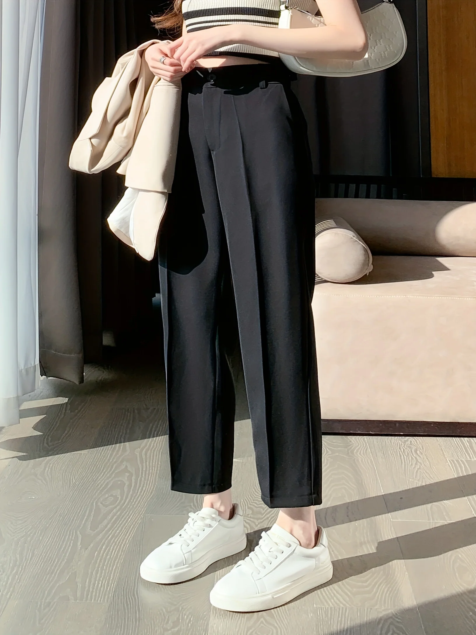 deanwangkt-1  Solid Cropped Tailored Pants, Casual Back Elastic Waist Pants, Women's Clothing - Deanwangkt