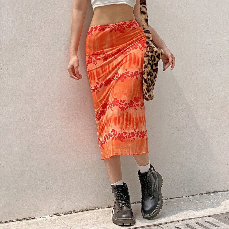 deanwangkt   New Floral Printed Skirts Y2k Orange Fairy Grunge Long Skirts Women Vintage Cute Skirts  Summer Skirts Fashion Holiday Skirt - Deanwangkt