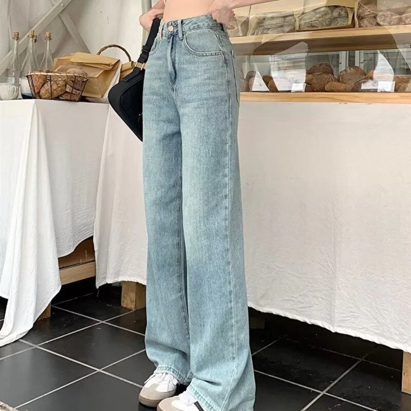 deanwangkt Baby Blue Loose Straight Jeans Women's High Waist Thin Summer Thin Design Tassel Versatile Wide Leg Pants Trend - Deanwangkt