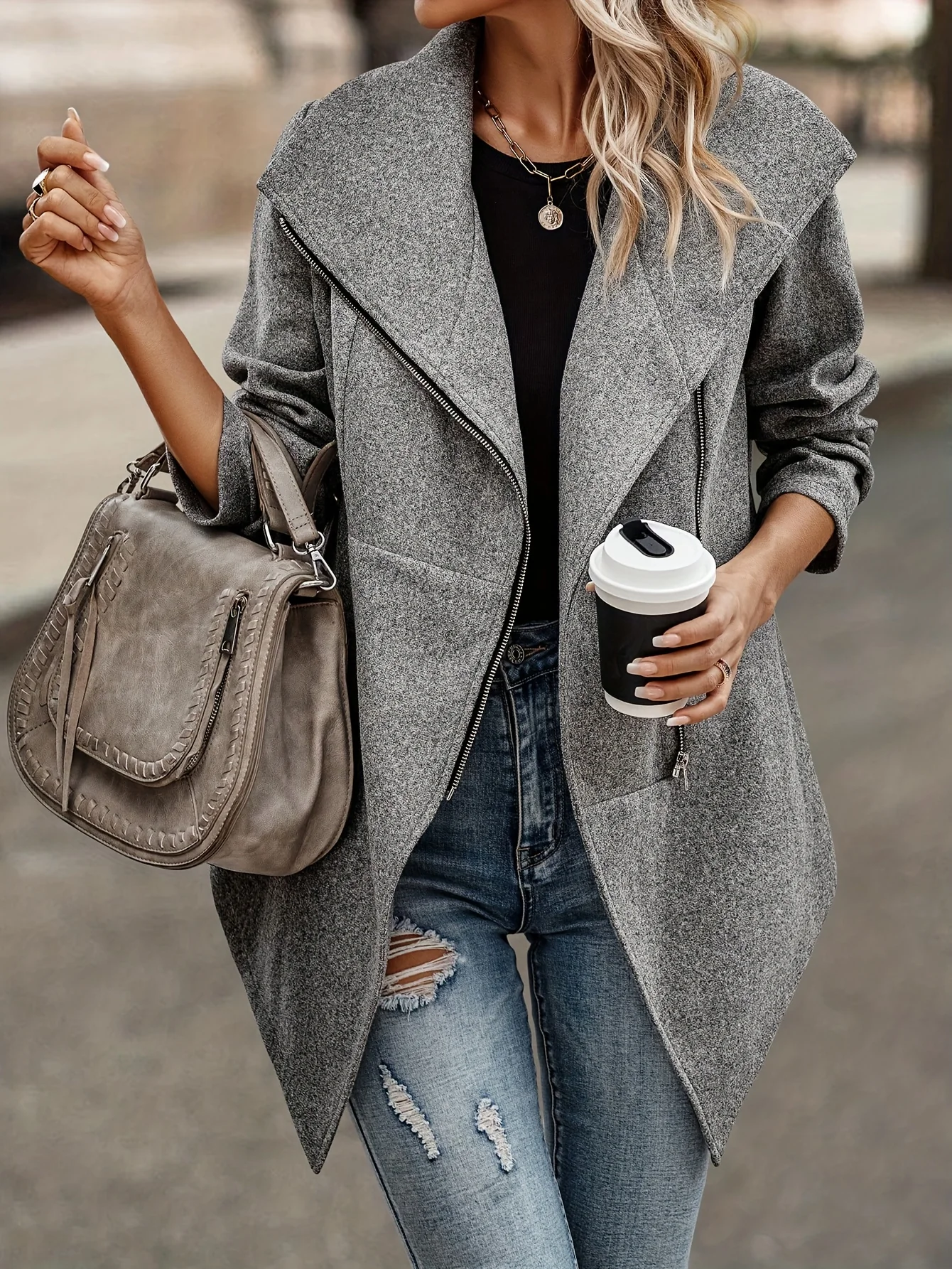 Slanted Zipper Fall & Winter Jacket, Casual Solid Long Sleeve Outerwear, Women's Clothing - Deanwangkt