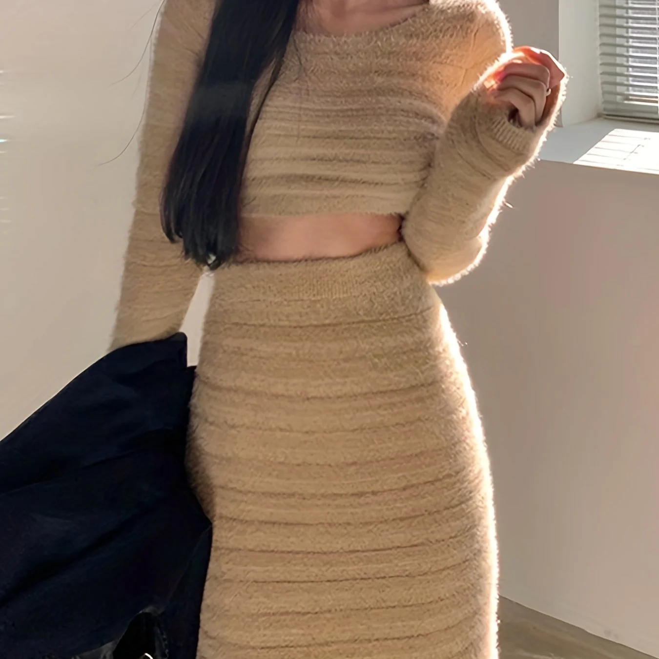 deanwangkt  Versatile Solid Two-piece Skirt Set, Crop Long Sleeve Top & High Waist Bodycon Skirt Outfits, Women's Clothing - Deanwangkt