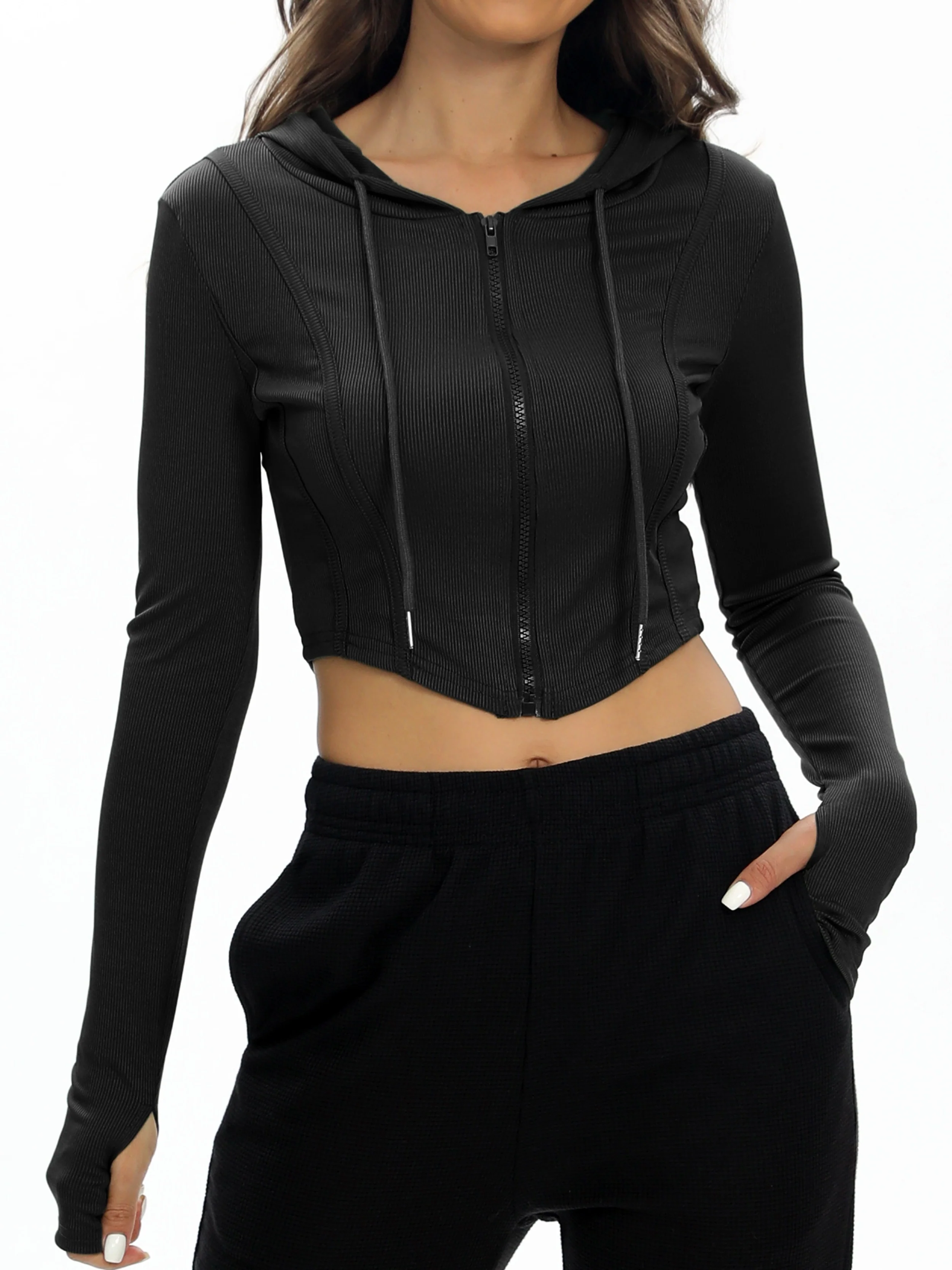 deanwangkt-1  Casual Versatile Slim Fit Zipper Hooded Jacket,Drawstring Long Sleeve Yoga Crop Coat, Women's Tops - Deanwangkt