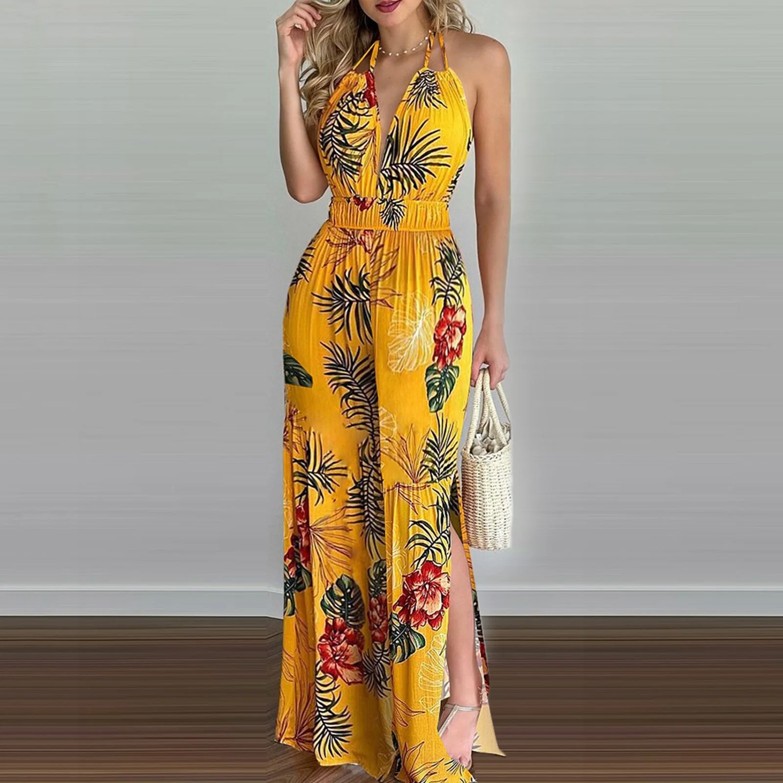 deanwangkt Sexy Off Shoulder Spaghetti Strap Jumpsuit Woman Flower Print Backless Long Wide Leg Jumpsuits For Women One Piece Rompers - Deanwangkt