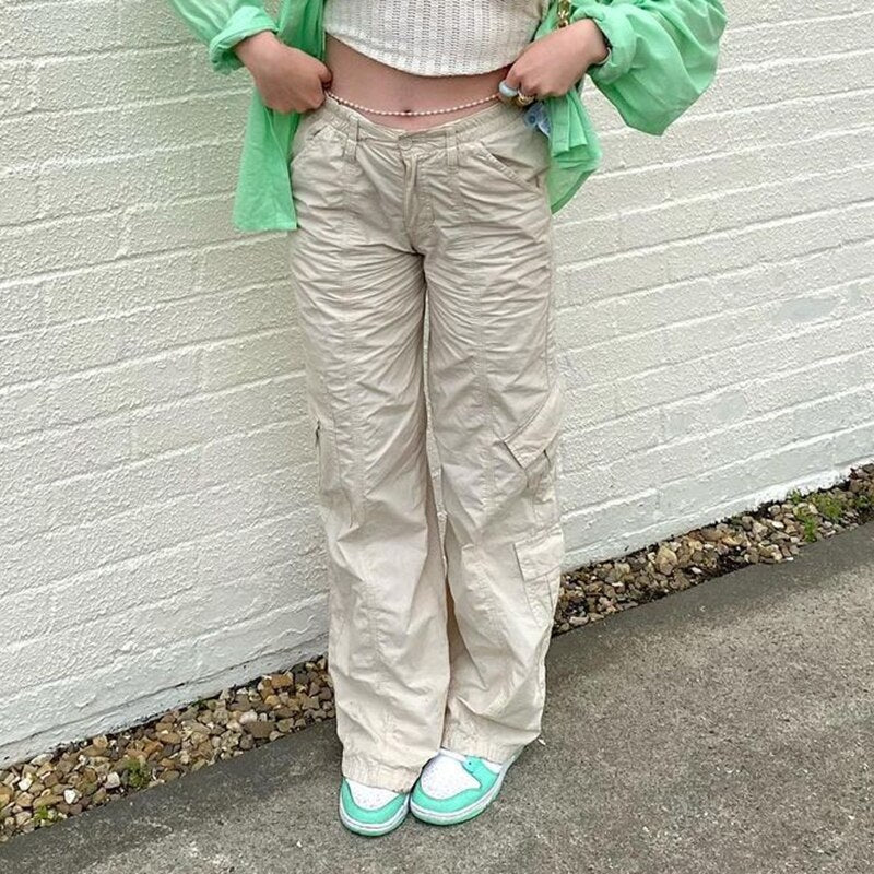 deanwangkt Pleated Cargo Pants Women Low Waisted Grunge Baggy Jeans Harajuku Fairycore Pockets Streetwear Women Casual Loose Denim Trousers - Deanwangkt