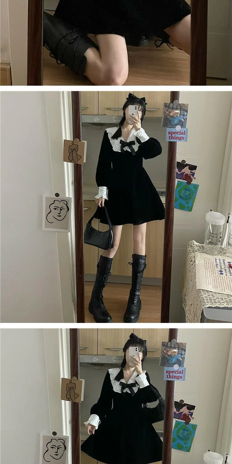 deanwangkt Kawaii Bow Dress Women Japanese Preppy Style Long Sleeve Mini Dresses Black Goth Vintage Lolita Outfits Sweet Streetwear - Deanwangkt