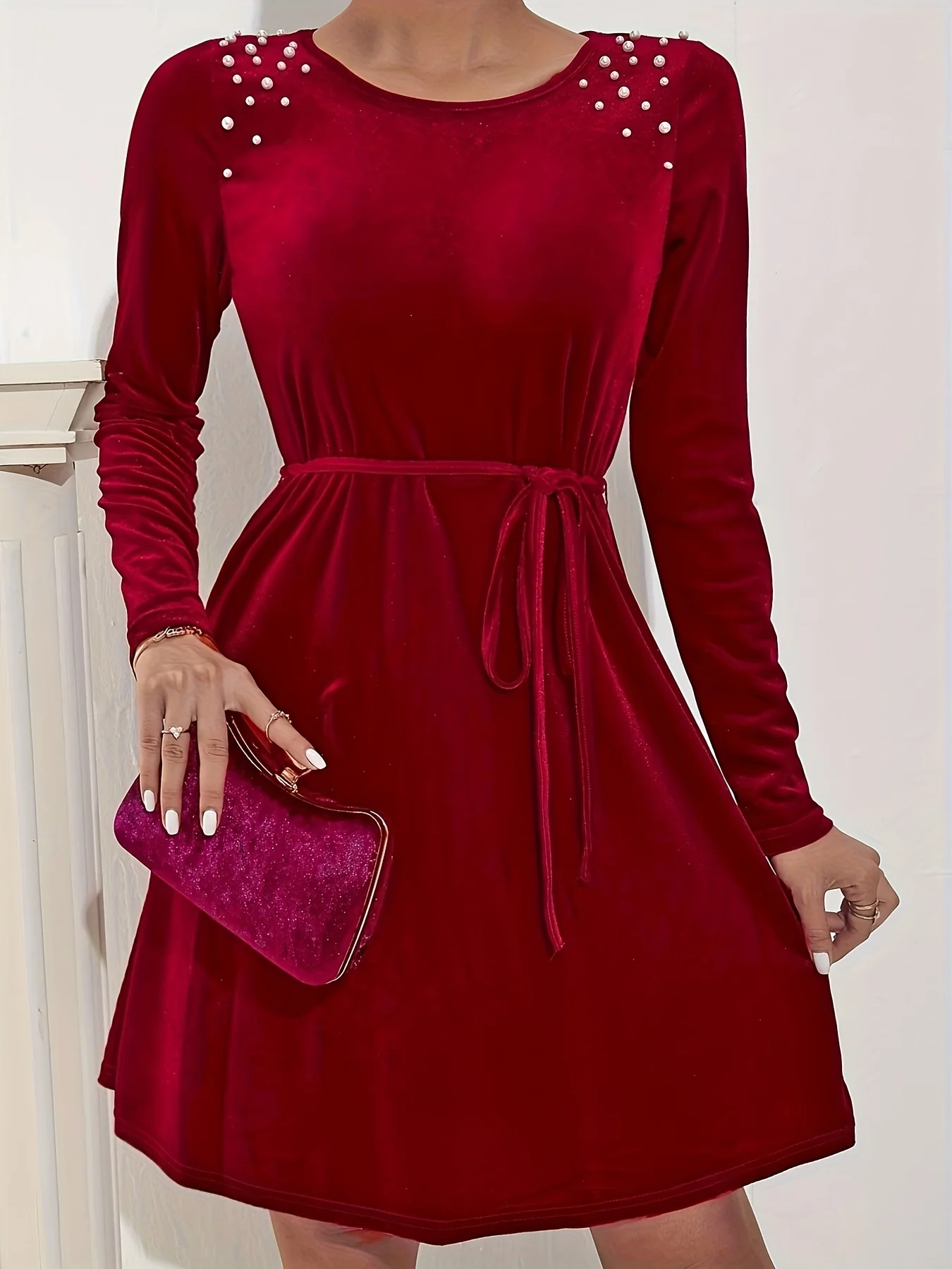 deanwangkt-1  Solid Beaded Velvet Dress, Elegant Tie Waist Long Sleeve Dress For Party & Banquet, Women's Clothing - Deanwangkt