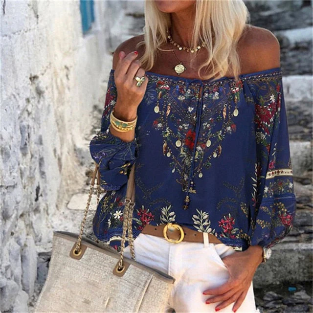 Sexy Women Spring Autumn Ruffles Chiffon Tops Tees Floral Plus Size Belt Off Shoulder Casual Femme Blouse Shirt Befree Boho - Deanwangkt
