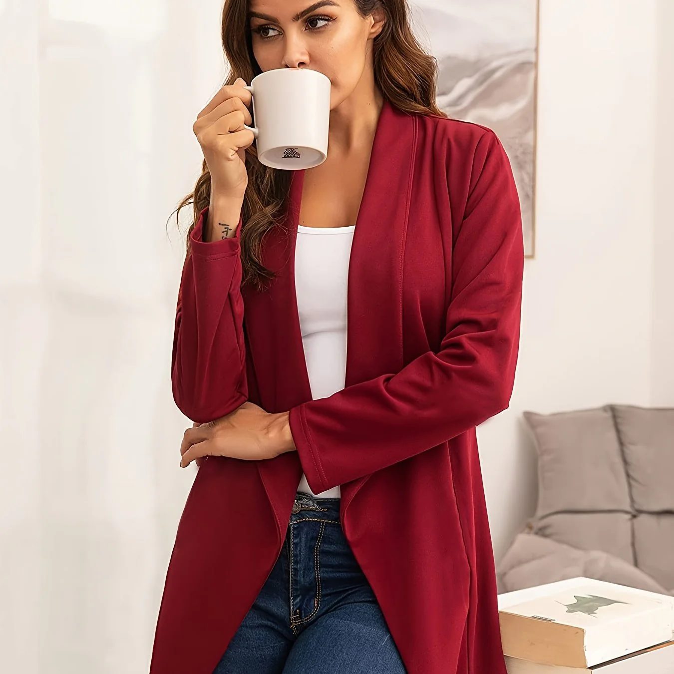 deanwangkt-1 Solid Open Front Blazer, Elegant Lapel Long Sleeve Blazer For Office & Work, Women's Clothing - Deanwangkt