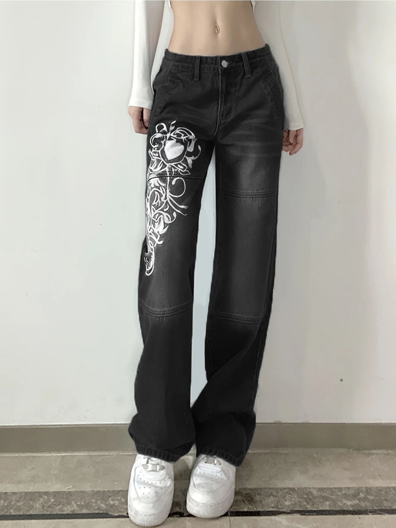 White Floral Print Thigh High Rise Loose Baggy Fit Straight Lets Plicated Hem Sectional Design High Waist Boyfriend Jeans, Women's Denim Jeans, Women's Clothing - Deanwangkt