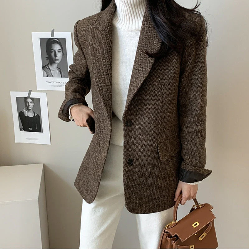 deanwangkt Woolen Jackets Thick and Warm Korean Fashion Heavy Jackets High-end Versatile New Autumn and Winter Black Tweed Suit Women Coat - Deanwangkt