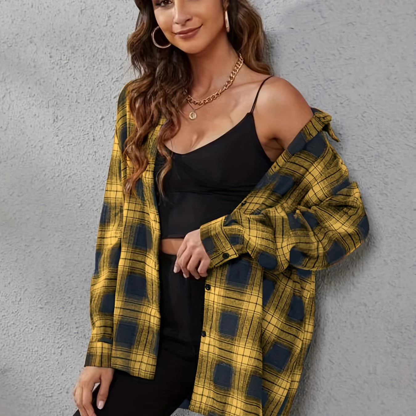 Plaid Print Button Front Shirt, Casual Cuff Sleeve Lapel Shirt, Women's Clothing - Deanwangkt