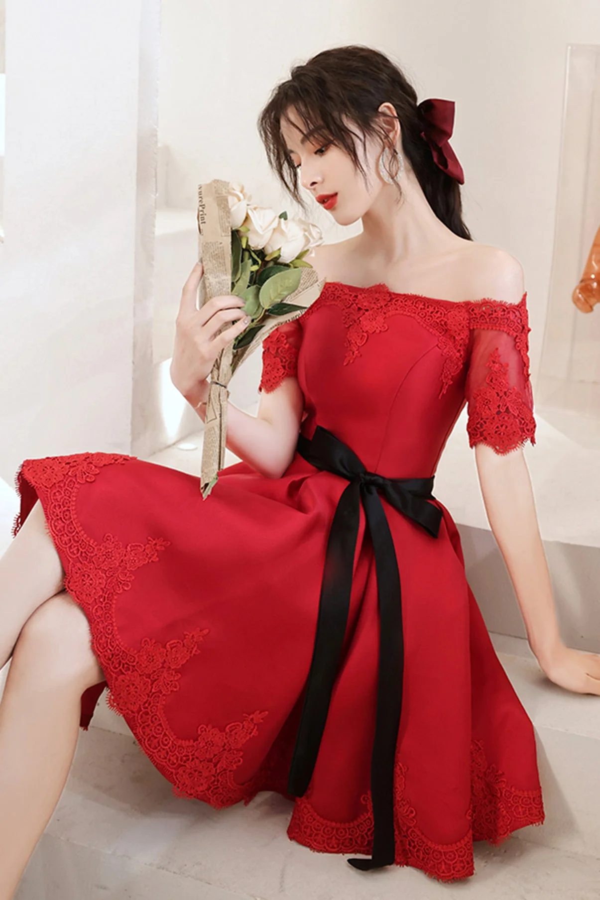 solvbao Red Satin Lace Short Prom Dresses, A-Line Evening Party Dresses - Deanwangkt