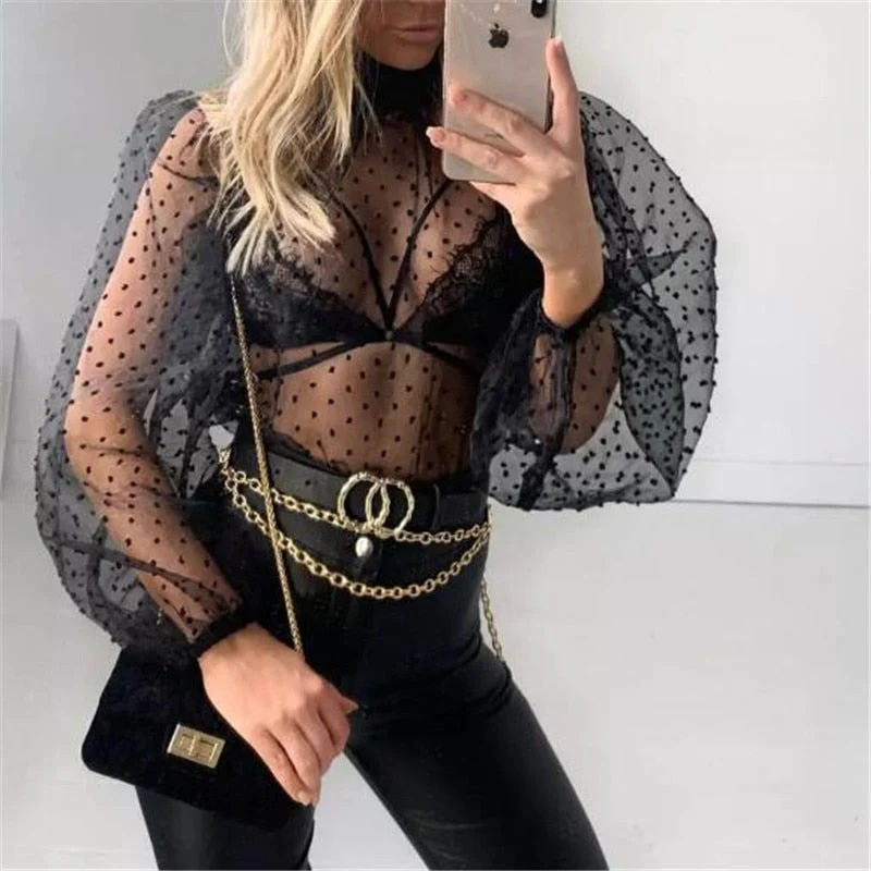 deanwangkt Women Mesh Puff Sleeve Tops Shirt New Summer Spring Ladies Sexy Casual Perspective Blouse Tops See Through Female Blusas - Deanwangkt