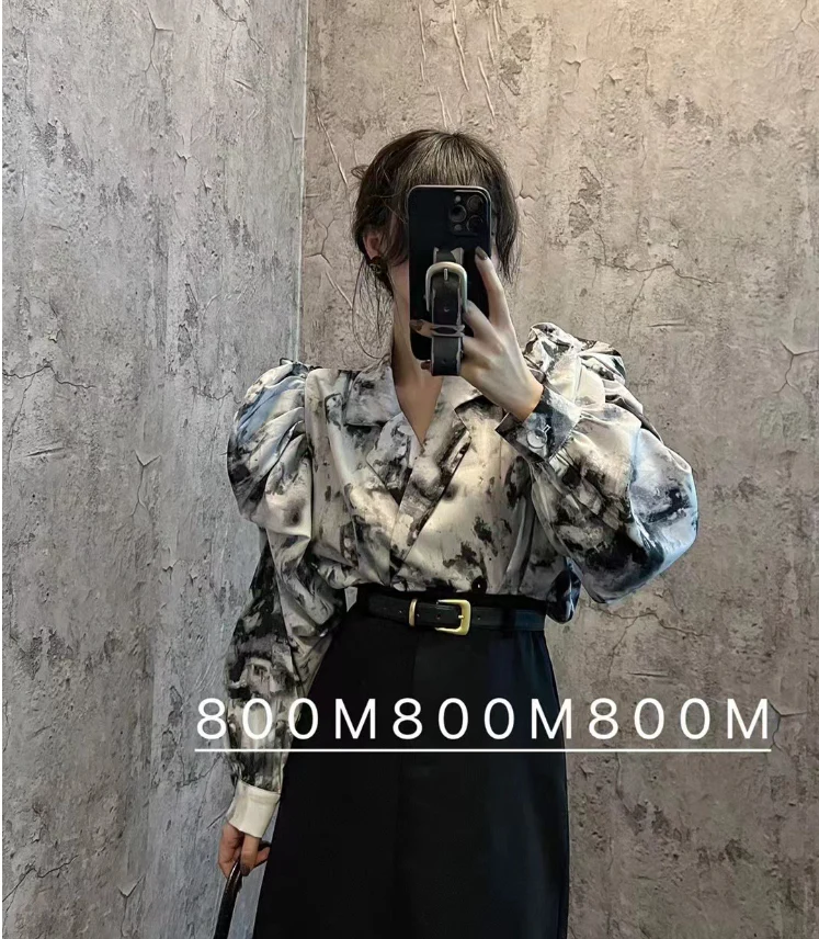 deanwangkt  Elegant Print Puffed Sleeve Blouse Top Autumn Womens Turn-Down Collars Half Sleeve Tie Dye Blouses Shirt Outwears - Deanwangkt