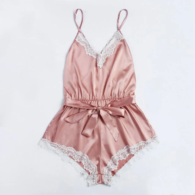 Sexy romper elegant bodysuits satin pajamas belt playsuit casual  holiday body mujer jumpsuits comfy nightdress - Deanwangkt