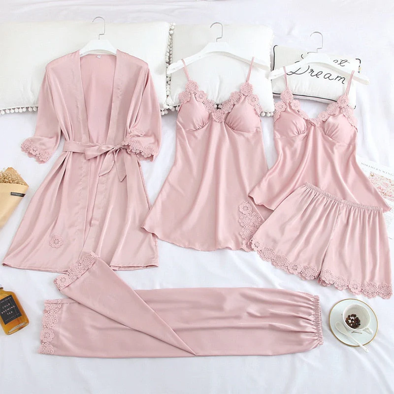 5PCS Pajamas Set Silk Satin Womens Lace Nightwear Spring Strap Pyjamas Suit Female Lounge Sleepwear with Chest Pads Home Wear - Deanwangkt