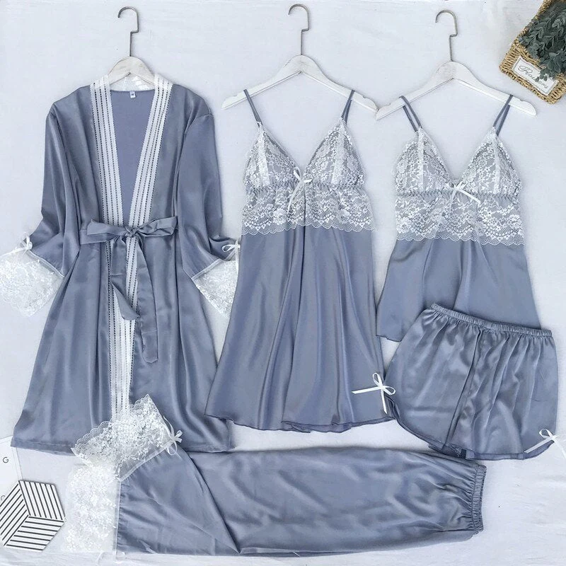 5PCS Pajamas Set Silk Satin Womens Lace Nightwear Spring Strap Pyjamas Suit Female Lounge Sleepwear with Chest Pads Home Wear - Deanwangkt