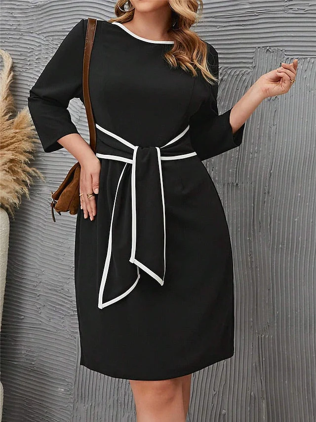 Joskka Women's Plus Size Curve Casual Dress Winter Dress Sheath Dress Solid Color Mini Dress 3/4 Length Sleeve Lace up Crew Neck Fashion Outdoor Black Fall Winter L XL 2XL 3XL 4XL - Deanwangkt
