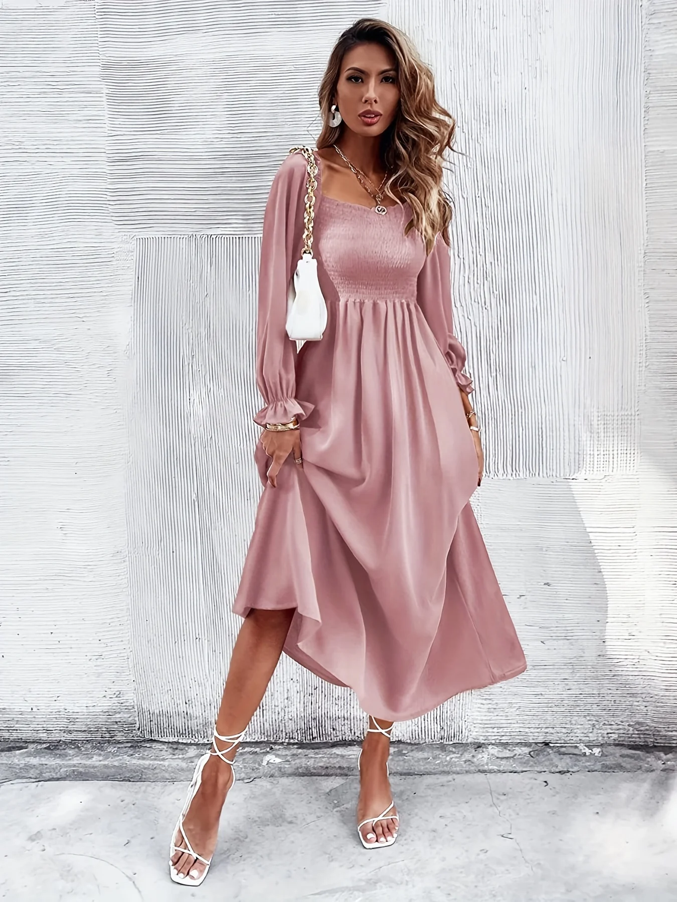 deanwangkt-1  Solid Squared Neck Dress, Casual Long Sleeve Ruffle Trim Shirred Maxi Dress, Women's Clothing - Deanwangkt