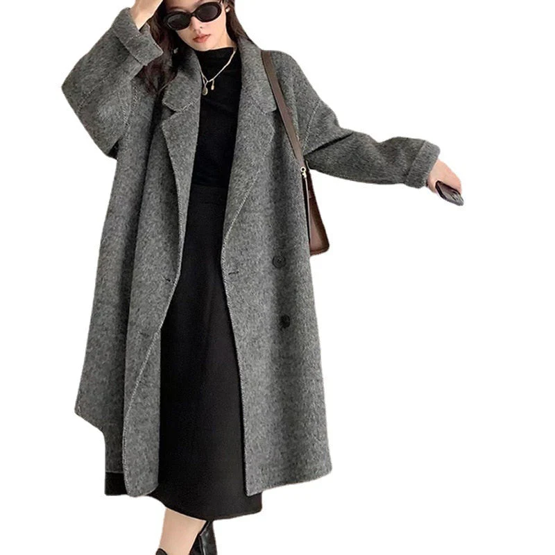 Winter Korean Style Double Breasted Silk Rabbit Woolen Long Overcoat Women Handmade Loose Pink Gray Wool Coat Jacket - Deanwangkt