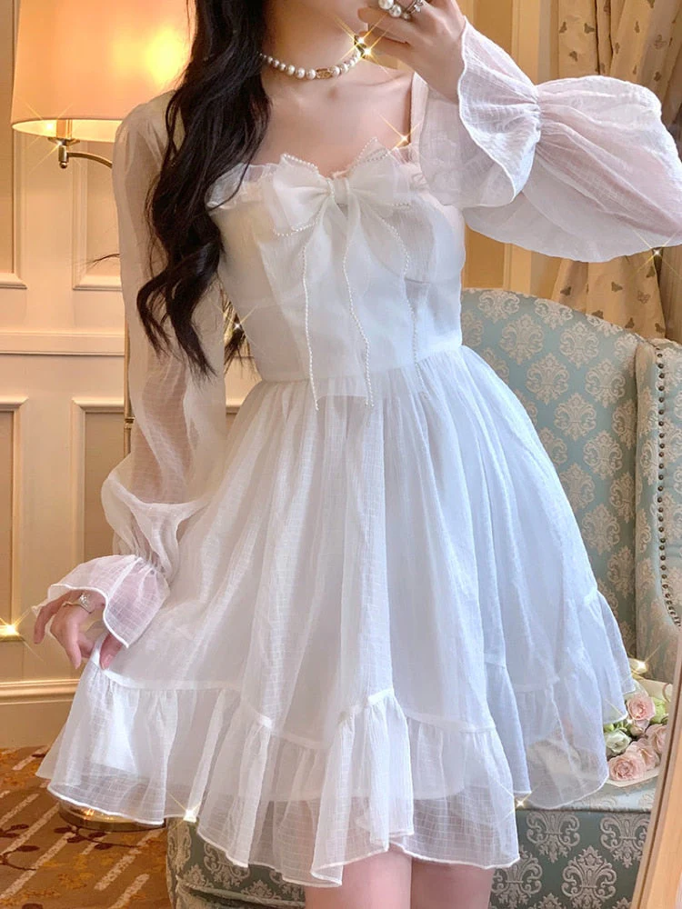 deanwangkt French Sweet Fairy Lolita Dress Women Long Sleeve Lace Y2k Mini Dress Vintage Kawaii Clothes One Piece Dress Korean  Autumn - Deanwangkt