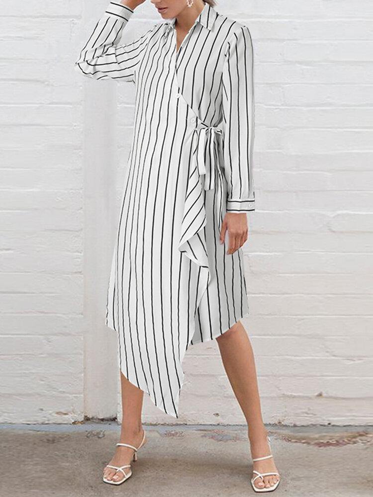 deanwangkt Women Striped Irregular Wrap Tie Side Stylish Long Sleeve Midi Dresses - Deanwangkt