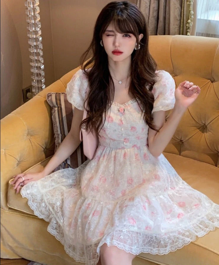 deanwangkt  Floral Lace Korean Sweet Dress Women France Vintage Elegant Party Mini Dresses Female Print Casual Beach Boho Fairy Dress Summer - Deanwangkt